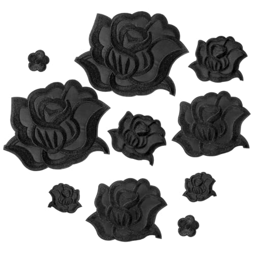 COMNICO 10 Stück Schwarze Rosen Patches zum Aufbügeln Blumen Applikationen Flicken zum Aufbügeln Rose Gestickte Aufnäher Rose Napplikationen Reparatur Patches für Kleidung Hüte Schuhe Taschen von COMNICO