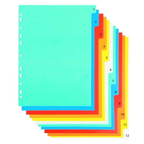 COMNICO 12 Stück Trennblätter, mit Reitern Helle Mehrfarbige Langlebige Kunststoff-Notizbuch-Seitenregister-Set Lndexordner Papier für 2/3/4/11 Ringbücher, 29,5 x 21,6 cm von COMNICO