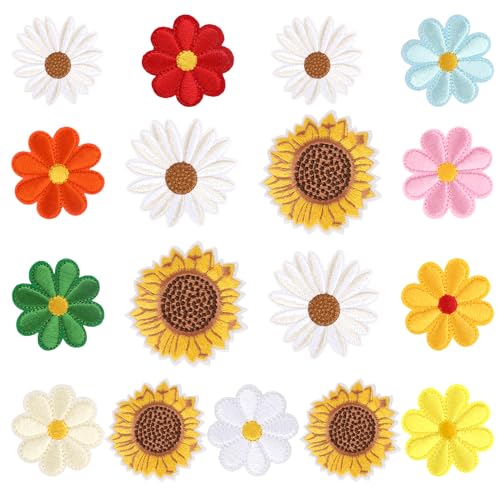 COMNICO 17 Stück Patches Gänseblümchen Blumen Aufnäher zum Aufbügeln Bestickte Applikationen Süße Dekorationen Sonnenblume Gänseblümchen Aufnäher für Selbstgemachte Kleidung Hüte Rucksäcke Jeans von COMNICO