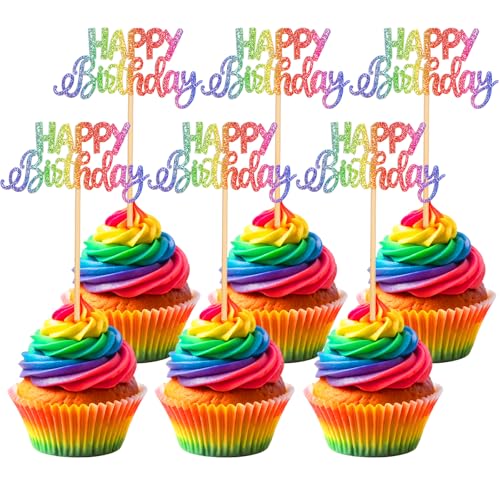 COMNICO 24 Stück Happy Birthday Tortendeko Cake Topper Geburtstag Glitter Cupcake Topper „Happy Birthday“ Kuchenaufsatz Geburtstag DIY-Dekorationszubehör (Bunt) von COMNICO