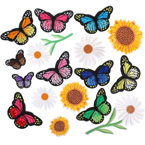 COMNICO Bestickte Aufnäher zum Aufbügeln, 17 Stück Sonnenblumen Schmetterlinge Gänseblümchen Applikation Dekoration Nähen Reparaturflicken für Kleidung Jacken Jeans Kleider Hosen DIY Zubehör von COMNICO