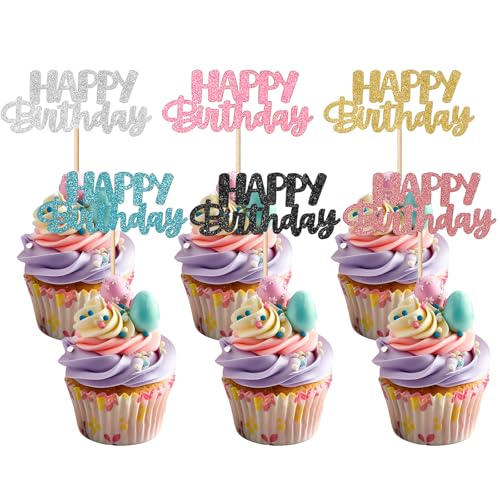 COMNICO Happy Birthday Cupcake Toppers, 24 Stück Glitter Geburtstag Tortendeko Süße Modische Cupcake-Picker, 6 Farben, DIY-Kuchendekorationszubehör zum Feiern von Hochzeiten, Geburtstagspartys von COMNICO