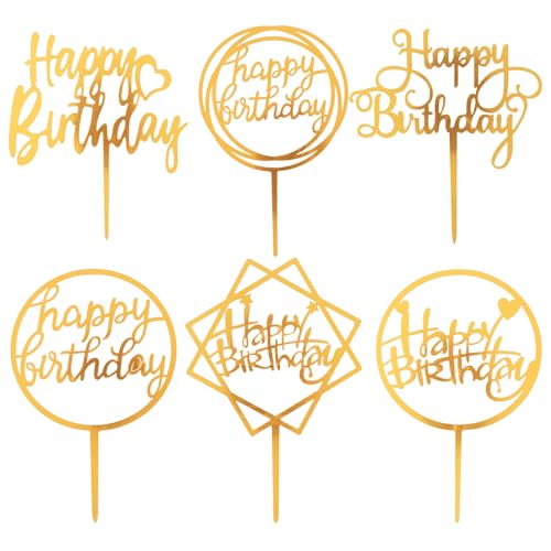 COMNICO Tortendeko Gold, 6-teilige Gold Kuchendekorationen, Acryl-Kuchenaufsatz, Happy Birthday Cake Gold Dekoration Doppelseitiger Glitzer Geburtstagskuchenaufsatz für Jahrestage, Geburtstagsparty von COMNICO