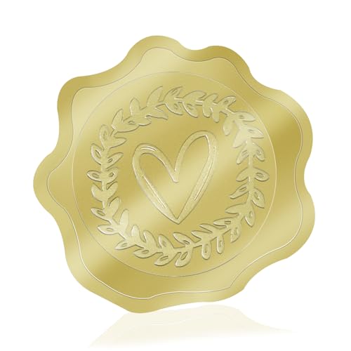 COMNICO Wachssiegel Selbstklebend 500 Stück Wachssiegel Gold Briefumschlag Aufkleber Geprägtes Herz Umschlagaufkleber Siegelaufkleber für Valentinstag, Hochzeit, Dankesgrußkarten, Partygeschenke von COMNICO