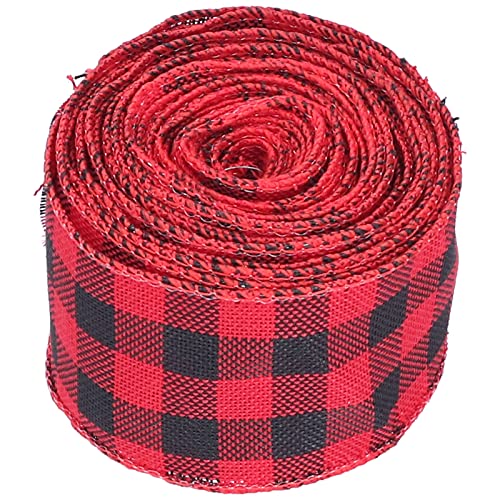 5 M Kariertes Band, Weihnachtliches Dekoband mit Drahtrand, Schwarz-weißes Gingham-Geschenkband für DIY-Basteldekoration (Schwarz Rot) von COMTERVI