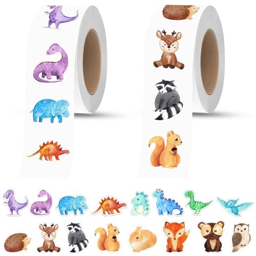 CONJURAIDE 1000 Stück Sticker Kinder, Sticker Tiere Aufkleber Kinder Tiersticker Dino Sticker Rolle Waldtiere Wasserfeste Sticker Motivations Aufkleber Tieraufkleber Grundschule Lehrerbedarf von CONJURAIDE