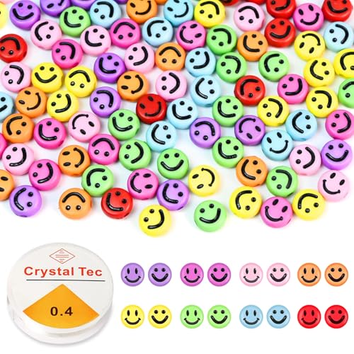 CONJURAIDE 400 Stück Smiley Perlen, Smiley Gesichtsperlen Bunte Perlen Smiley Beads Bastelperlen zum Auffädeln Smiley Perlen und Kristalllinie für Armbänder Selber Machen Schlüsselanhänger Ketten von CONJURAIDE