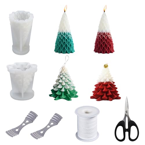 CONNECTION 2 Stück Weihnachtsbaum Silikonform Tannenbaum Silikonform Weihnachten Kerzenformen zum Gießen Kerzengießform mit Kerzendochte Metalldochthaltern Schere für DIY Kerzenherstellung Ornamente von CONNECTION