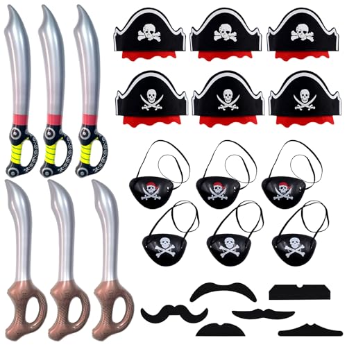 CONNECTION Piraten Kindergeburtstag Set 24 Stk Piratenhut Kindergeburtstag Piratenhut Kinder Piraten Augenklappe Schnurrbärt Inflatable Pirate Sword für Maskerade,Halloween,Rollenspiel,Piratenparty von CONNECTION