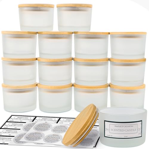 CONNOO 15er Pack 4 OZ Frostige Glas-Kerzengläser mit luftdichten Bambusdeckeln zum Kerzenmachen, kleine, weithalsige, leere Kerzengläser im Großpack mit haftenden Warnetiketten - spülmaschinenfest von CONNOO