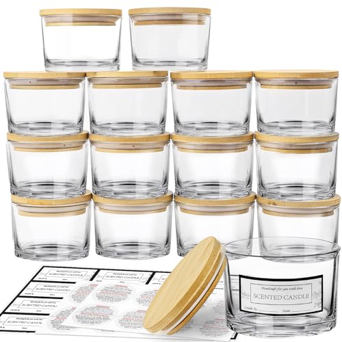 CONNOO 15er Pack 4 OZ Klare Glas-Kerzengläser mit luftdichten Bambusdeckeln zum Kerzenmachen, kleine, weithalsige, leere Kerzengläser im Großpack mit haftenden Warnetiketten - spülmaschinenfest von CONNOO