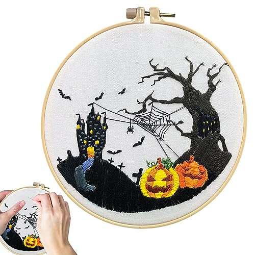 COOBAA Stickerei für Anfänger Halloween | Häkelset für Halloween, Stickerei-Sets für Anfänger, Lernset zum Besticken mit Motiven und Anweisungen, Basteln aus Stoff von COOBAA