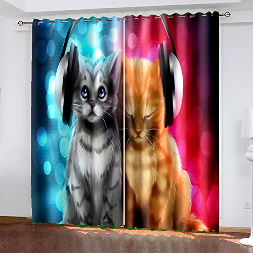 COOBAA Vorhänge Blickdicht 3D Musik-Cartoon-Katze Druck Verdunklungsvorhänge Kinderzimmer Junge/Mädchen, Ösenvorhang 2Er Set - Gardinen Wohnzimmer Schlafzimmer Modern 240X260Cm (HxB) von COOBAA