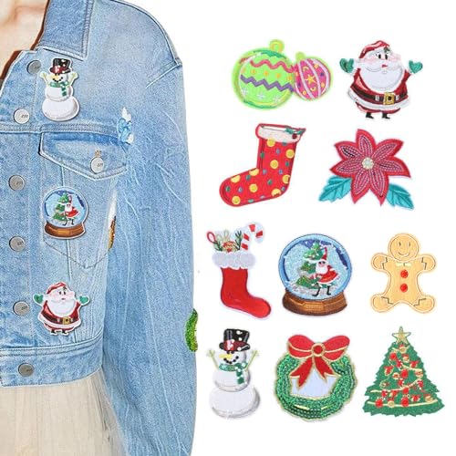 COOBAA Weihnachts-Patches für Kleidung, 10 Stück, bestickte Applikationen, Weihnachtsdekoration, Zubehör zum Basteln, in leuchtenden Farben, niedlich, für die Dekoration von Kleidung von COOBAA