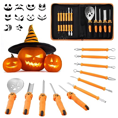 COOLUCK Kürbis Schnitzset mit Vorlagen, 11 Stück Halloween Kürbis Schnitzwerkzeug Carving Set mit Tragetasche und 10 Stück Schnitzvorlagen, Kürbis Schnitzmesser für Kinder & Erwachsene von COOLUCK