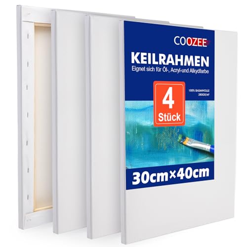 COOZEE 4 Stück Keilrahmen Set 30x40 cm - Säurefreie Leinwand Set aus 100% Baumwolle Leinwände 380 g/m² - Leinwand zum Bemalen für Acryl-, Aquarell-, Ölfarbe von COOZEE