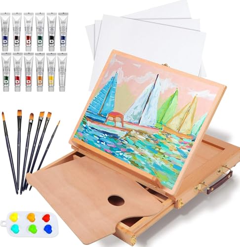 Coozee Tabletop Eilset, 24 Stücke Starter -Kit, Künstler Acrylmalerei Kit mit 12 Acrylfarben Set, Leinwandplatten, Pinsel, Holzpalette für Anfänger und Profis von COOZEE