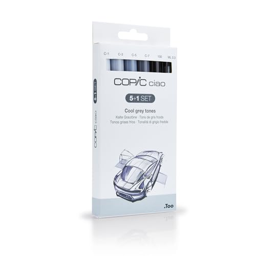 COPIC Ciao 5+1 Set "Cold Grey Tones", 5 Twin Marker mit einer mittelbreiten und einer Brush-Spitze, inkl. Multiliner Black 0,3 mm von Copic