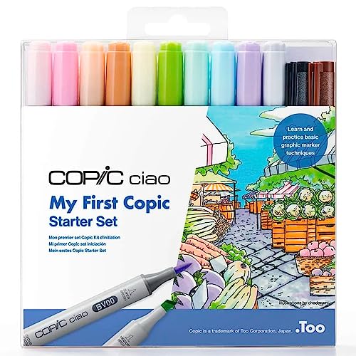 COPIC Ciao Set "My First Copic", Starter Set mit 10 Twin Markern, 2 Multilinern Black und Sepia 0,3 mm, 3 Malvorlagen und 8 Blatt Premiumpapier DIN A6, inkl. Anleitung von Copic