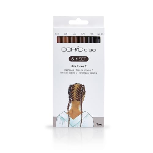 COPIC Ciao 5+1 Set "Hair Tones 2", 5 Twin Marker mit einer mittelbreiten und einer Brush-Spitze, inkl. Multiliner Black 0,3 mm von Copic