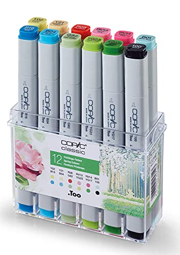 COPIC Classic Set "Frühlings-Farben", 12er Set im Acryl-Display, Twin Marker mit einer mittelbreiten und einer feinen Spitze von Copic