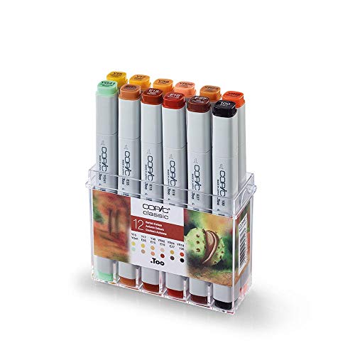 COPIC Classic Set "Herbst-Farben", 12er Set im Acryl-Display, Twin Marker mit einer mittelbreiten und einer feinen Spitze von Copic