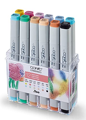 COPIC Classic Set "Pastell-Farben", 12er Set im Acryl-Display, Twin Marker mit einer mittelbreiten und einer feinen Spitze von Copic