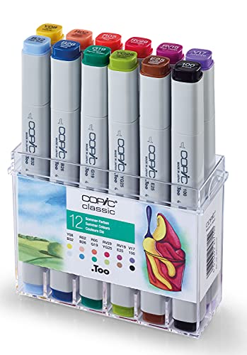 COPIC Classic Set "Sommer-Farben", 12er Set im Acryl-Display, Twin Marker mit einer mittelbreiten und einer feinen Spitze von Copic