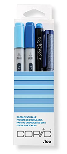 COPIC Ciao Set "Doodle Pack Blue", 4er Set mit 2 Twin Marker mit einer mittelbreiten und einer Brush-Spitze inkl. Multiliner und Glitter Pen von Copic