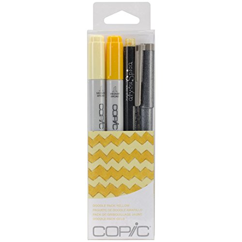 COPIC Ciao Set "Doodle Pack Yellow", 4er Set mit 2 Twin Marker mit einer mittelbreiten und einer Brush-Spitze inkl. Multiliner und Glitter Pen von Copic