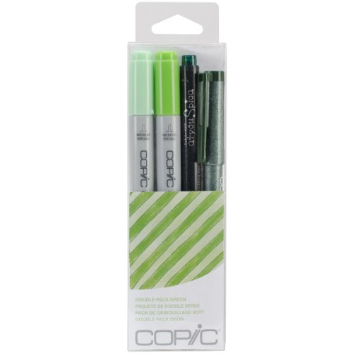 COPIC Ciao Set "Doodle Pack Green", 4er Set mit 2 Twin Marker mit einer mittelbreiten und einer Brush-Spitze inkl. Multiliner und Glitter Pen von Copic