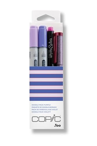 COPIC Ciao Set "Doodle Pack Purple", 4er Set mit 2 Twin Marker mit einer mittelbreiten und einer Brush-Spitze inkl. Multiliner und Glitter Pen von Copic