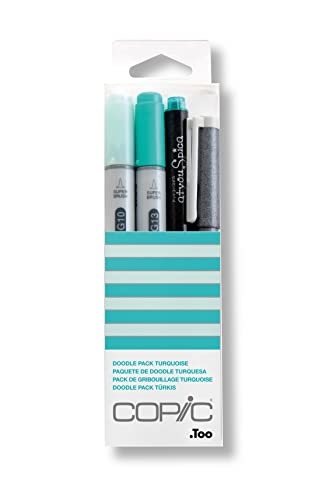 COPIC Ciao Set "Doodle Pack Turquoise", 4er Set mit 2 Twin Marker mit einer mittelbreiten und einer Brush-Spitze inkl. Multiliner und Glitter Pen von Copic