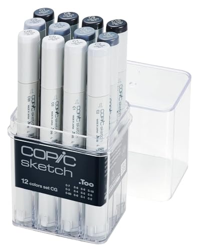 COPIC Sketch Set "12 Colors CG", 12er Set im Acryl-Display, Twin Marker mit einer mittelbreiten und einer Brush-Spitze von Copic