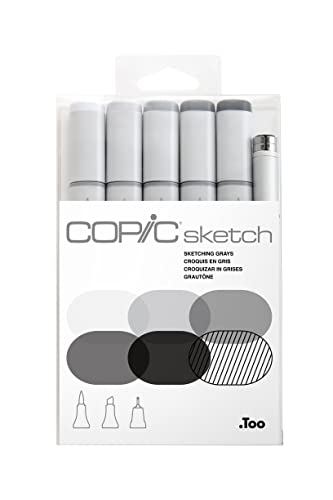 COPIC Sketch Set "Sketching Grays", 5 Twin Marker mit einer mittelbreiten und einer Brush-Spitze inkl. Multiliner SP Black 0,5 mm von Copic