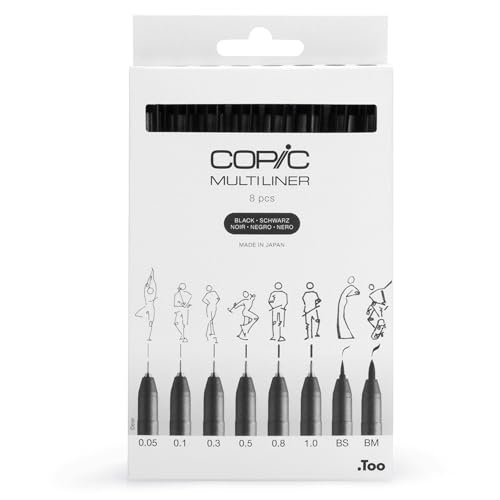 COPIC Multiliner Set, Black, 8 Fineliner in verschiedenen Strichstärken, Zeichen Stifte mit einer feinen Spitze und wasserbeständiger Pigmenttinte von Copic