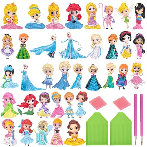 COQOYO Diamond Painting Kinder Sticker Set, 36pcs Prinzessin 5D Diamantmalerei Aufkleber Bilder, Cartoon Mini DIY Diamant Mosaikherstellung Basteln Kit für Mädchen Anfänger Geburtstag Geschenke von COQOYO