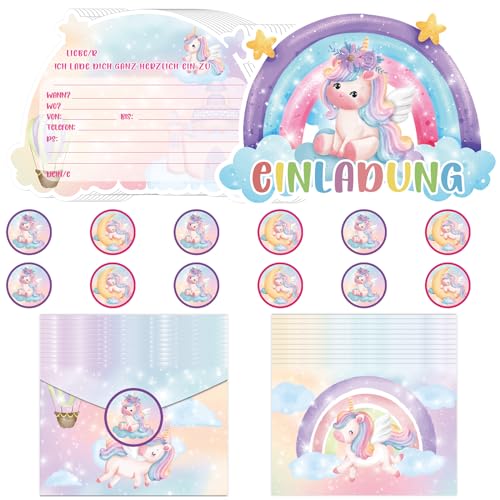 COQOYO Einhorn Einladungskarten Kindergeburtstag Mädchen, 12pcs Deutsche Geburtstag Einladungen, Partyeinladungen mit Bunte Umschläge Runde Aufkleber, Rosa Regenbogen Einladung Set für Kinder Party von COQOYO