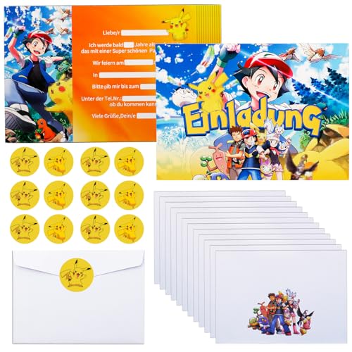 COQOYO Einladungskarten Kindergeburtstag Jungen Mädchen, 12pcs Deutsche Geburtstag Einladungen Partyeinladungen mit Bunte Umschläge und Runde Stickers, Cartoon Anime Einladung Set für Kinder Party von COQOYO