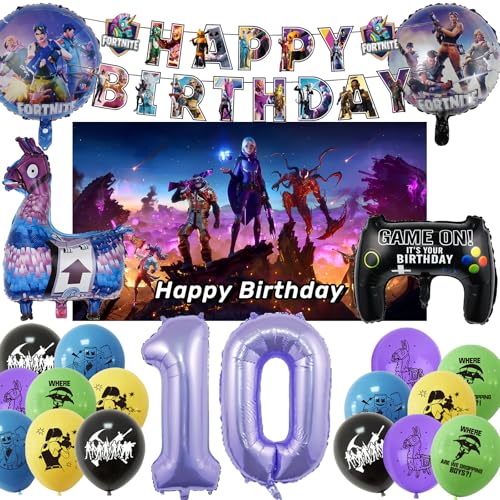 COQOYO Fort Videospiel Geburtstagsdeko Luftballons Set, Spiel Gamer Party Deko Folienballon für 10 Jahre Jungen Mädchen, Kindergeburtstag Helium Ballons mit Happy Birthday Banner und Hintergrund von COQOYO