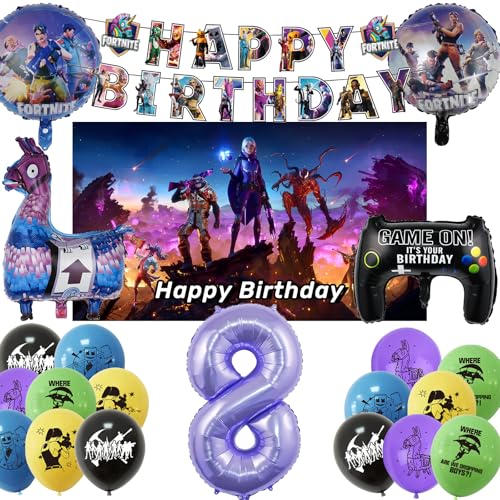 COQOYO Fort Videospiel Geburtstagsdeko Luftballons Set, Gamer Party Deko für 8 Jahre Jungen Mädchen, Kindergeburtstag Helium Ballons Folienballons Spiel Balloon mit Happy Birthday Banner und Kulisse von COQOYO