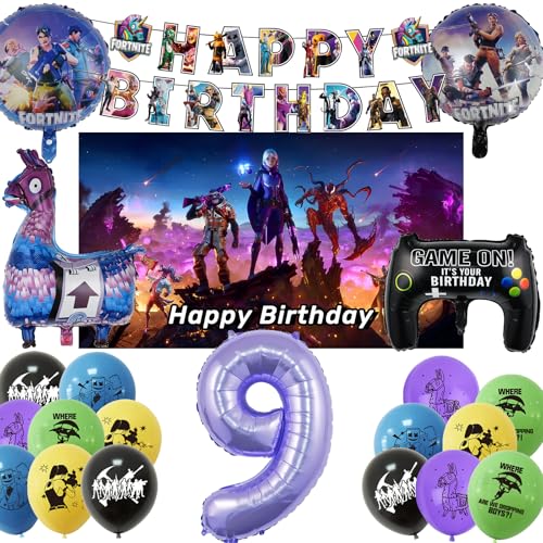 COQOYO Fort Videospiel Geburtstagsdeko Luftballons Set, Gamer Party Deko für 9 Jahre Jungen Mädchen, Kindergeburtstag Helium Ballons Folienballons Spiel Balloon mit Happy Birthday Banner und Kulisse von COQOYO