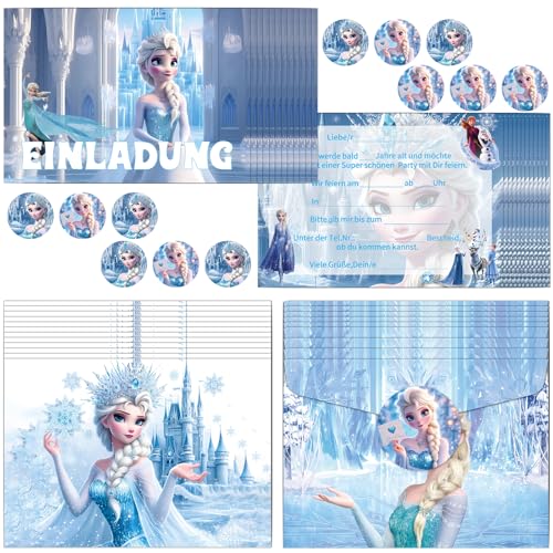 COQOYO Froze Einladungskarten Kindergeburtstag Mädchen, 12pcs Deutsche Geburtstag Einladungen, Partyeinladungen mit Bunte Umschläge und Runde Aufkleber, Blau Eiskönigin Eisa Prinzessin Einladung Set von COQOYO