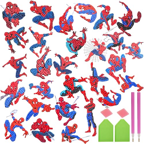 COQOYO Spidey Diamond Painting Kinder Sticker Set, 28 Stück 5D Diamant Mosaik Aufkleber, Cartoon Mini Diamantmalerei Bilder, DIY Mosaikherstellung Basteln Kit für Jungen Mädchen Anfänger Geschenke von COQOYO