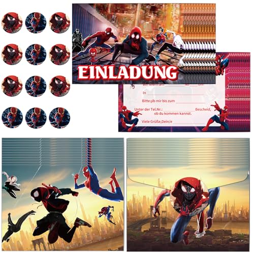 COQOYO Spidey Einladungskarten Kindergeburtstag Jungen, 12pcs Deutsche Geburtstag Einladungen, Partyeinladungen mit Bunte Umschläge und Runde Aufkleber, Cartoon Spider Einladung Set für Kinder Party von COQOYO