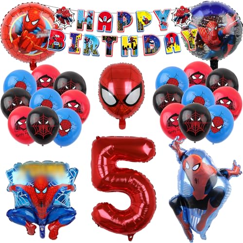 COQOYO Spidey Geburtstagsdeko Luftballons Set, Geburtstag Party Deko Ballons für 5 Jahre Jungen, Kindergeburtstag Helium Balloons, Cartoon Spider Folienballons mit Happy Birthday Banner für Kinder von COQOYO