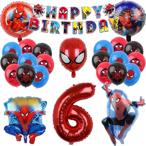 COQOYO Spidey Geburtstagsdeko Luftballons Set, Geburtstag Party Deko Ballons für 6 Jahre Jungen, Kindergeburtstag Helium Balloons, Cartoon Spider Folienballons mit Happy Birthday Banner für Kinder von COQOYO