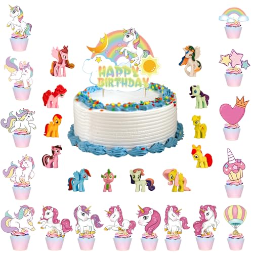 Einhorn Tortendeko Geburtstag Cake Topper Figuren Set, 29pcs Kuchen Deko mit 17 Cupcake Toppers und 12 Mini Figuren, Muffin Torten Deko, Happy Birthday Kuchendeko Zubehör für Kindergeburtstag Party von COQOYO