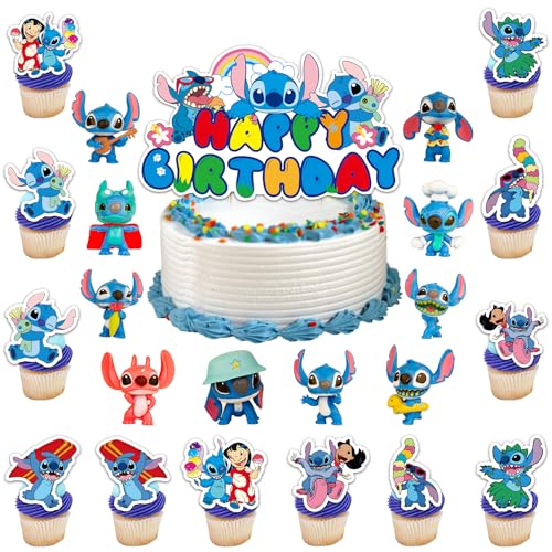 Stich Tortendeko Geburtstag Cake Topper Figuren Set, 35pcs Kuchen Deko mit 25 Cupcake Toppers und 10 Mini Figuren, Muffin Torten Deko Happy Birthday Kuchendeko Zubehör für Kindergeburtstag Party von COQOYO