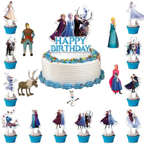 Tortendeko Geburtstag Cake Topper Figuren Set, 30pcs Froze Kuchen Deko mit 25 Cupcake Toppers 5 Torten Figuren, Eiskönigin Eisa Muffin Kuchendeko Happy Birthday Zubehör für Kindergeburtstag Party von COQOYO